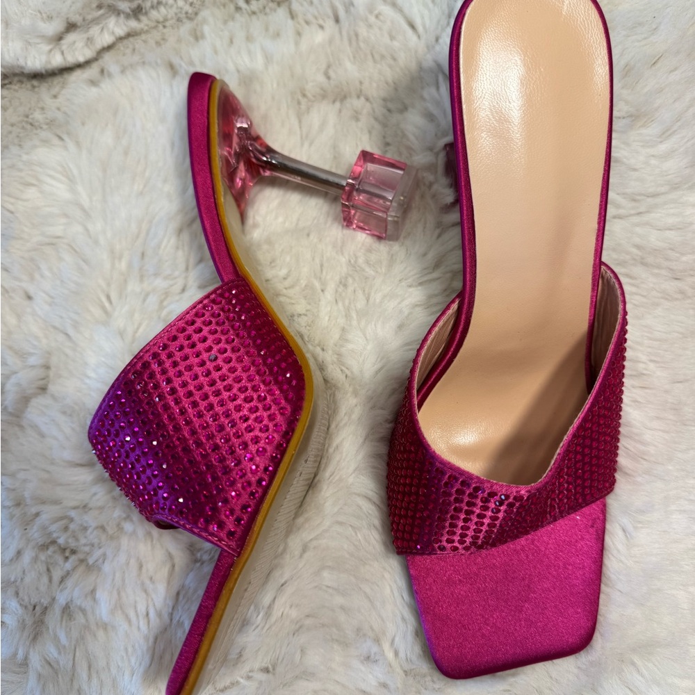 Women's 10 Hot Pink Crystal Satin Slide Heels Roll of the dice Glam